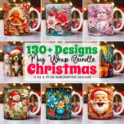 130 cute christmas mug wrap bundle, mug wrap sublimation designs png, 11oz and 15oz mug template, 3d christmas mug wrap