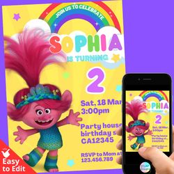 trolls poppy birthday invitation template digital