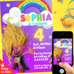 trolls viva birthday invitation template digital