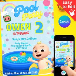 cocomelon pool party summer birthday invitation template