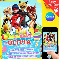 Miraculous Ladybug Pool Party Birthday Invitation