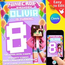 minecraft girl 8th birthday invitation template