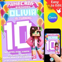 minecraft girls 10th birthday invitation template