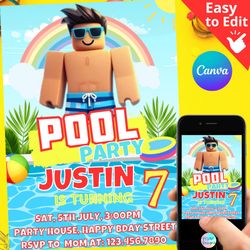 roblox pool party birthday invitation template