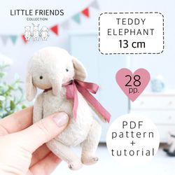 miniature teddy elephant pattern, teddy bear sewing pattern, artist bear pattern, joint teddy bear tutorial 5.1 inch