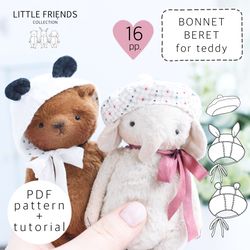 bonnet and beret sewing patterns for teddy bear, doll clothes pattern, toy dress pattern, teddy bear clothes pattern