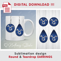taurus precious gold and diamonds zodiac sign - round & teardrop earrings - sublimation waterslade pattern - png files