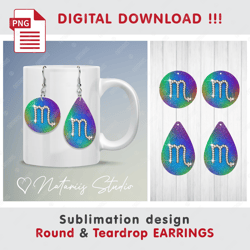 scorpio precious gold and diamonds zodiac sign - round & teardrop earrings - sublimation waterslade pattern - png files