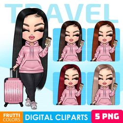 travel clipart set - travel planner printables, cute fashion doll png, girls trip png, vacation sublimation design