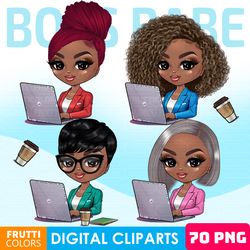 office clipart bundle - boss babe clipart, african american fashion doll png, afro girl, planner girl png, laptop png