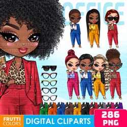 boss babe ii clipart bundle - african american png, office girl png, woman with coffee clipart, teacher clip art, chibi