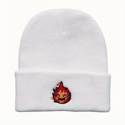 anime flame embroidery beanie cartoon unisex knit hat