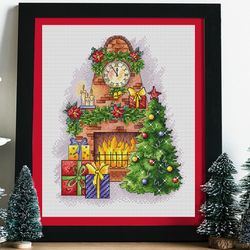 fireplace cross stitch pattern pdf, winter cross stitch, christmas cross stitch, happy new year, christmas tree