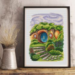 hobbit hole cross stitch pattern pdf, house cross stitch, shire cross stitch, landscape cross stitch, hobbit embroidery