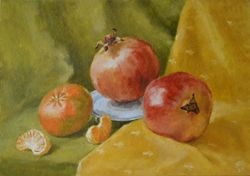 wall art, pomegranates, tangerine, oil on board, still life