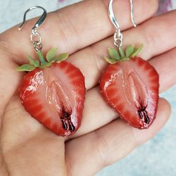 strawberry earrings, polymer clay,stainless steel coated with silver