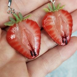 strawberry earrings,,polymer clay,stainless steel coated with silver