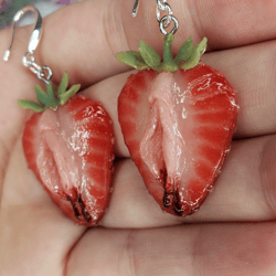 strawberry earrings,,polymer clay,,stainless steel coated with silver