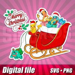 merry christmas with pokemon, svg and png clipart, pokemon cricut image, pikachu and friends cut art, pokemon print art