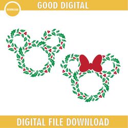 christmas holiday wreath mickey minnie mouse ears 2 color svg clipart images digital download sublimation cricut cut f