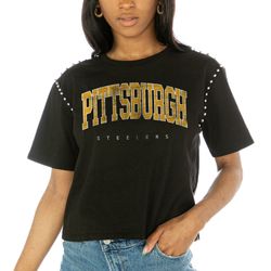 womens pittsburgh steelers  gameday couture black elite elegance studded sleeve cropped t-shirt