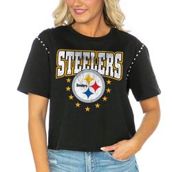 womens pittsburgh steelers  gameday couture black gladiator studded sleeve cropped t-shirt