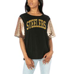 womens pittsburgh steelers  gameday couture black glamazon flip sequin sleeve t-shirt