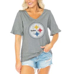 womens pittsburgh steelers  gameday couture gray field finesse ruffle sleeve v-neck t-shirt