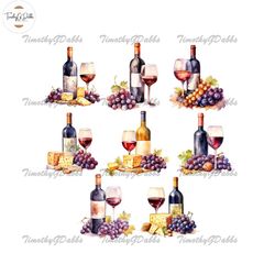 mixed wine watercolor clipart, cheese clipart, charcuterie board, wine watercolor clipart