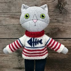 gray cat boy, handmade stuffed toy, wool plush kitten doll