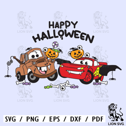 cars svg halloween dxf png clipart , lightning mcqueen , tow mater , pumpkin , cut file layered by color