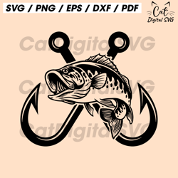 crossed fish hooks svg, bass fishing svg, fishing hook svg, fisherman, bass fish. vector cut file cricut, silhouette