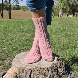 hand knitted wool women's socks in dusty rose, cosy vintage woolen socks, large size socks, thermal socks, stretchy sock