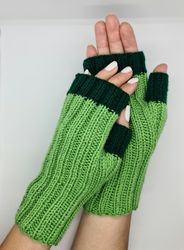 cute knitted ribbed fingerless gloves for women - green strechy mittens - gift under 30