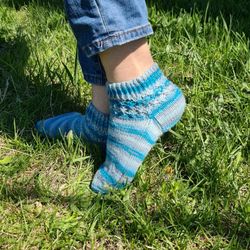 hand-knitted aqua blue striped socks - cozy wool blend casual socks - perfect for spring and fall - gift for her