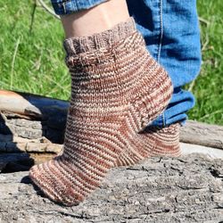 limited edition brown & beige striped ankle-length everyday socks, knitted double-cuff socks, casual skinny stripes sock