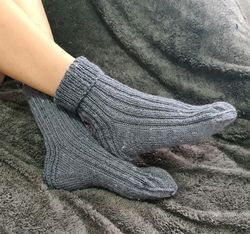 hand-knit plain blue ribbed socks