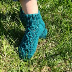 hand knit wool socks, teal green superwash stockings