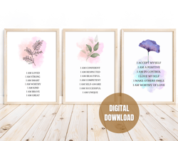 printable set of 12 self-love affirmation wall art posters, mindfulness self-care printable art