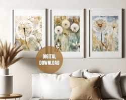 printable set of 4 watercolor dandelions wall art posters, neutral modern art, flowers art prints, digital download