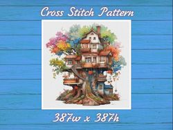 treehouse cross stitch pattern pdf counted house village - fabulous fantastic magical cottage in garden 826 387