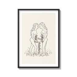 "nature painting. twogethers." intimate lesbian lovers vintage erotic sketch on matte paper art print