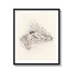 "vintage pleasures. oral toch" making love lesbians vintage sketch on matte paper art print