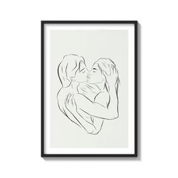 simple pencil line sketch kissing lesbian couple on matte paper print