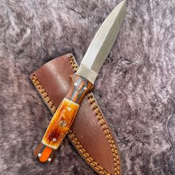 real handmade  damascus dagger pocket knife small custom handmade knife with leather sheath