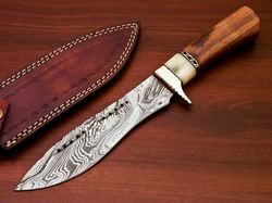 handmade damascus steel hunting knife with leather sheath