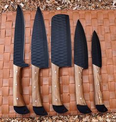japanese custom handmade d2 steel chef knife set lot 5pcs, stainless steel chef's knife set with leather sheath