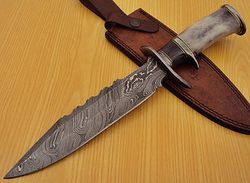 handmade damascus steel 14.50 inches bowie knife gorgeous handle with leather sheath