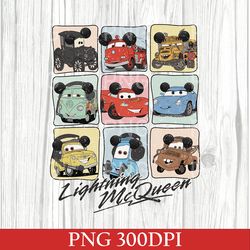 retro disney all cars png, mcqueen png, sally png, cars png, disney family trip png, disney movie png, lightning mcqueen