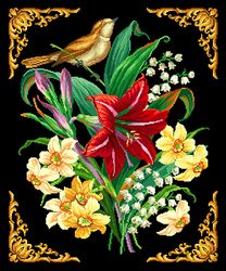 a295 a bird on a bouquet of lilies and lilies of the valley (author's scheme)
